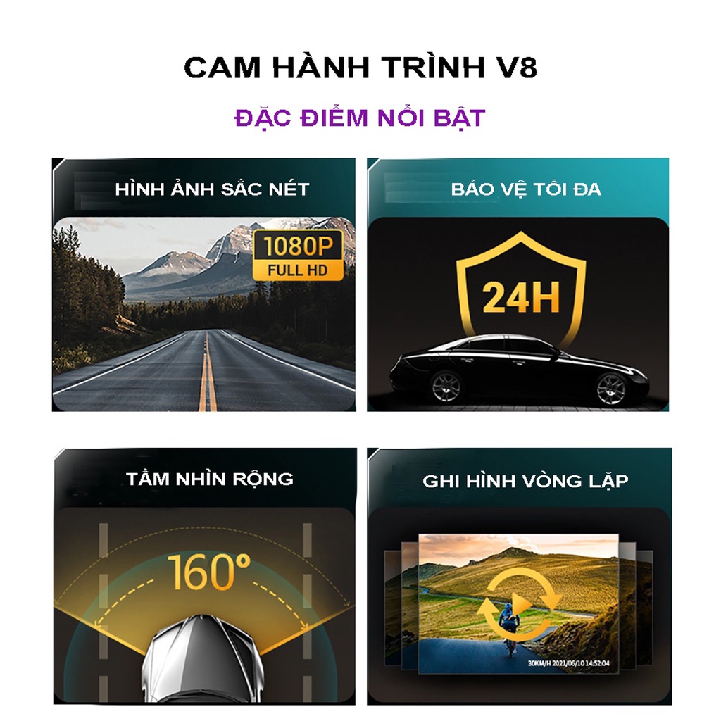 Camera hành trình v8 FullHD 1080p kết nối wifi với điện thoại và màn hình android, thẻ nhớ 64gb, có mic thu âm | BigBuy360 - bigbuy360.vn