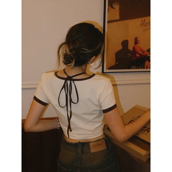 Áo thun croptop cổ tim cột dây [CÓ ẢNH THẬT] in logo BEERBRO phong cách retro chất thun cotton co dãn 4 chiều