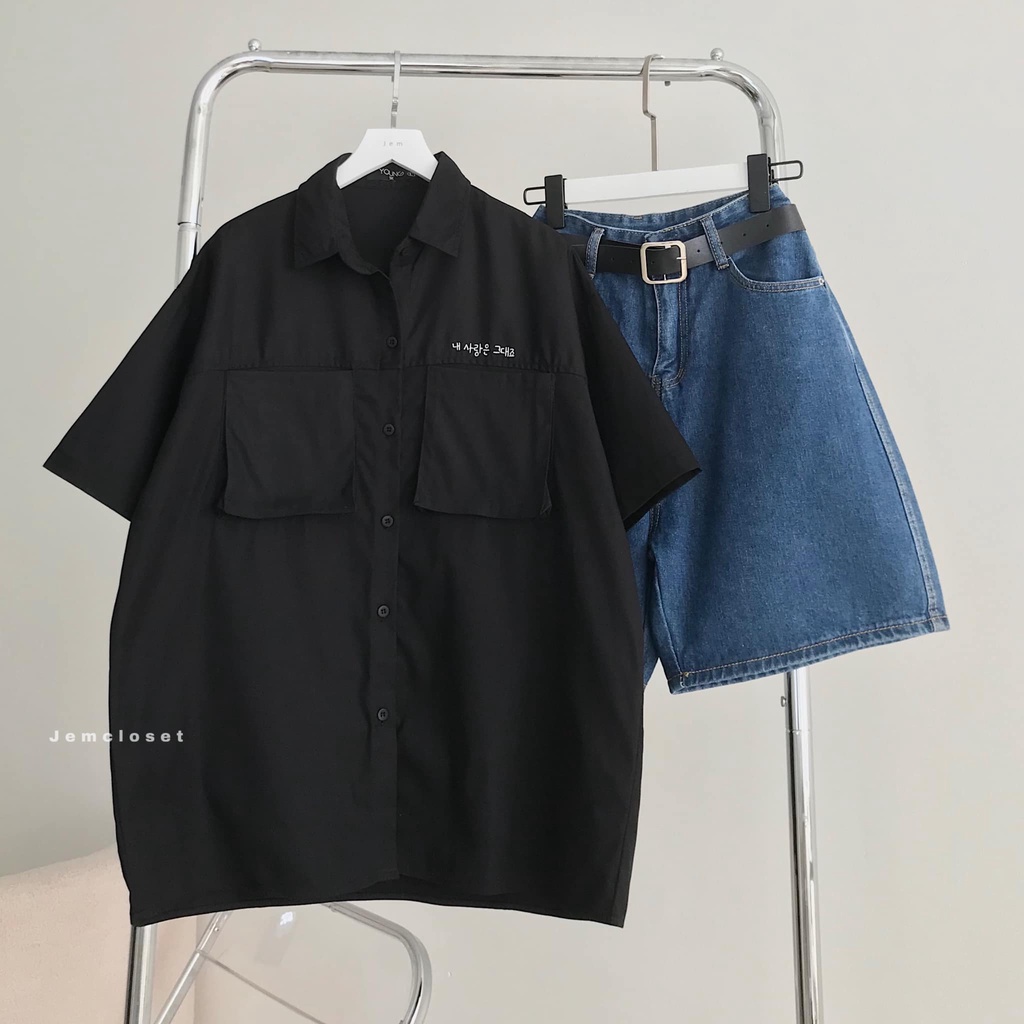 Áo sơ mi nữ tay ngắn Jemcloset Form Rộng Có Túi Hộp Phong Cách Hàn Quốc THAROT 10370