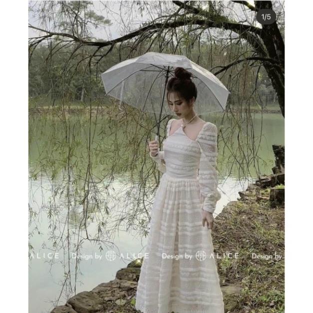 ♥️ ĐẦM MIDI REN CỔ YẾM TAY PHỒNG TRẮNG ♥️ KÈM ẢNH THẬT vani