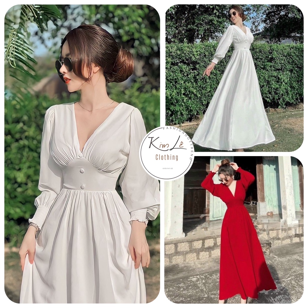 Đầm Maxi Cao Cấp Cổ V Dáng Dài Tay Phồng phối Nút Bọc Nhẹ Nhàng Nàng Thơ 2 MÀU. CHẤT LIỆU : Voan Cao Cấp ( 2 lớp)