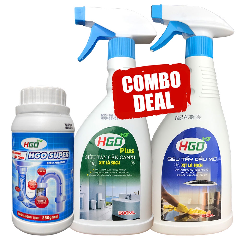 [COMBO 3 CHAI] Tẩy cặn canxi + tẩy dầu mỡ + bột thông cống HGO tiết kiệm 30%