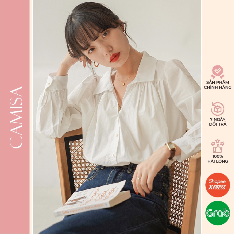 Áo Sơ Mi Nữ CAMISA Dài Tay Tiểu Thư Basic Kiểu Nữ Hàn Quốc, Sơ Mi Cổ V Công Sở Form Rộng Bánh Bèo Vải Đũi Cao Cấp CM06