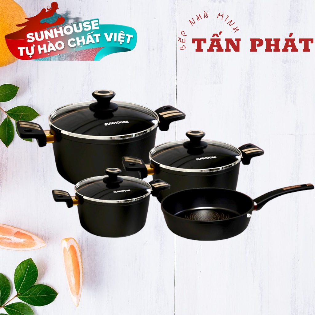 BỘ 3 NỒI 1 CHẢO ULTRA TITANIUM SIÊU CAO CẤP SUNHOUSE BH 3 NĂM VỚI MỌI LỖI KỸ THUẬT