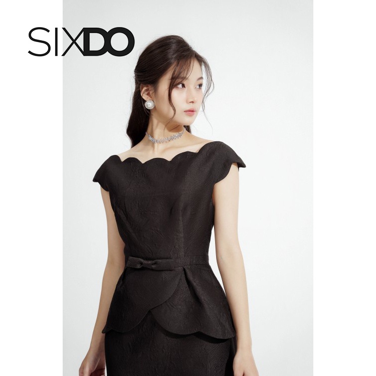 Đầm midi cổ sò màu đen thời trang SIXDO (Black Scalloped Neck Midi Brocade Dress)