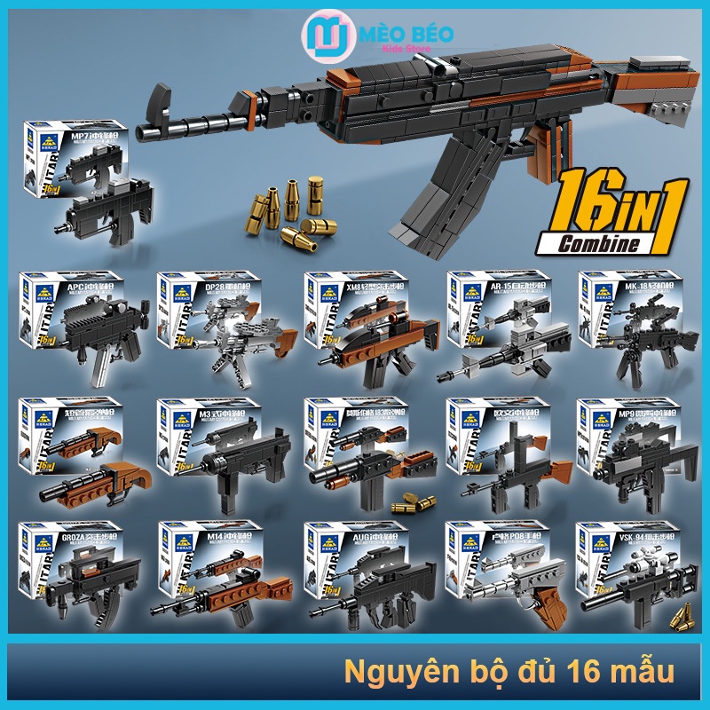 Mô Hình Súng 16in1 phỏng Theo PUBG, FreeFire, CSGO Nguyên Bộ 16 hộp nhỏ Mèo Béo Kids Store
