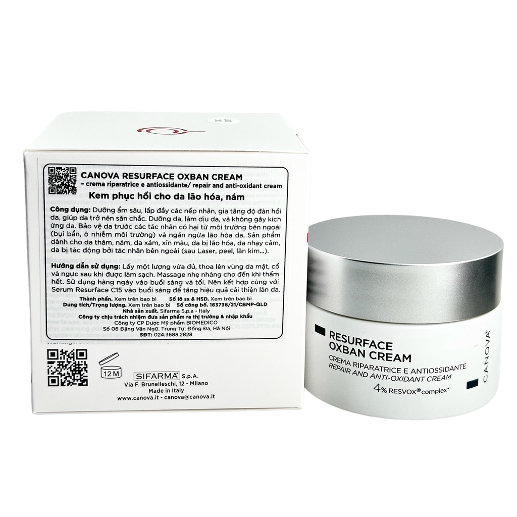 Kem phục hồi Canova Resurface Oxban Cream Crema Riparatrice E Antiossidante, Repair And Anti Oxid cho da lão hóa, nám