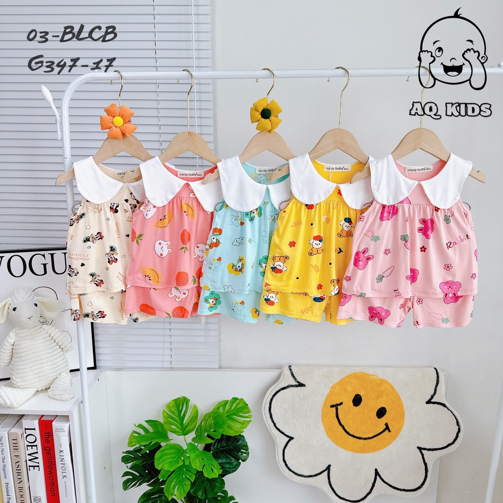 ☘ Bộ ba lỗ thun lạnh cổ bẻ lá sen style tiểu thư cho bé gái từ 8-17kg