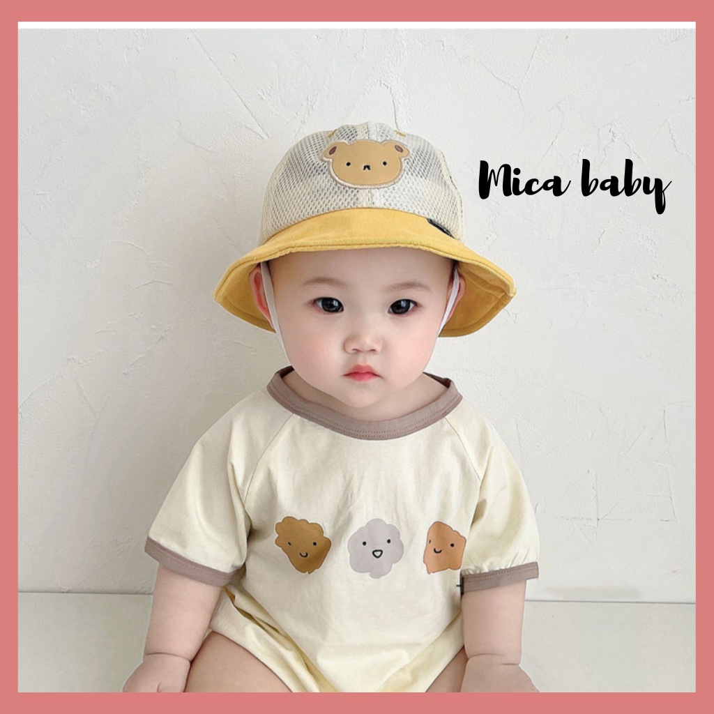 Mũ tai bèo trẻ em, mũ lưới thoáng thêu hình gấu đáng yêu cho bé MH239 Mica baby