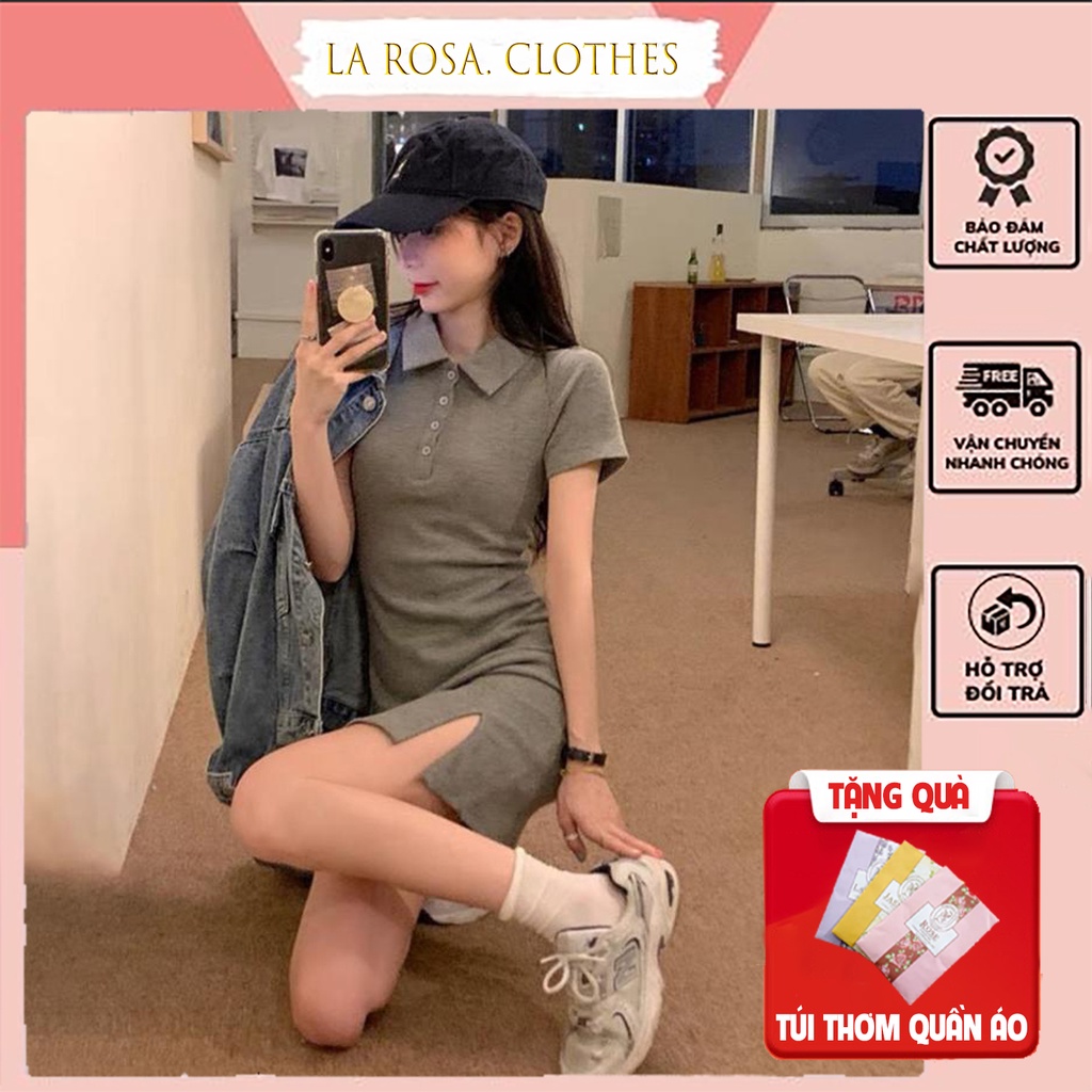 Váy ôm body cổ polo xẻ trước chất thun gân tăm, đầm body xẻ đùi sexy cổ bẻ chất mềm - mát