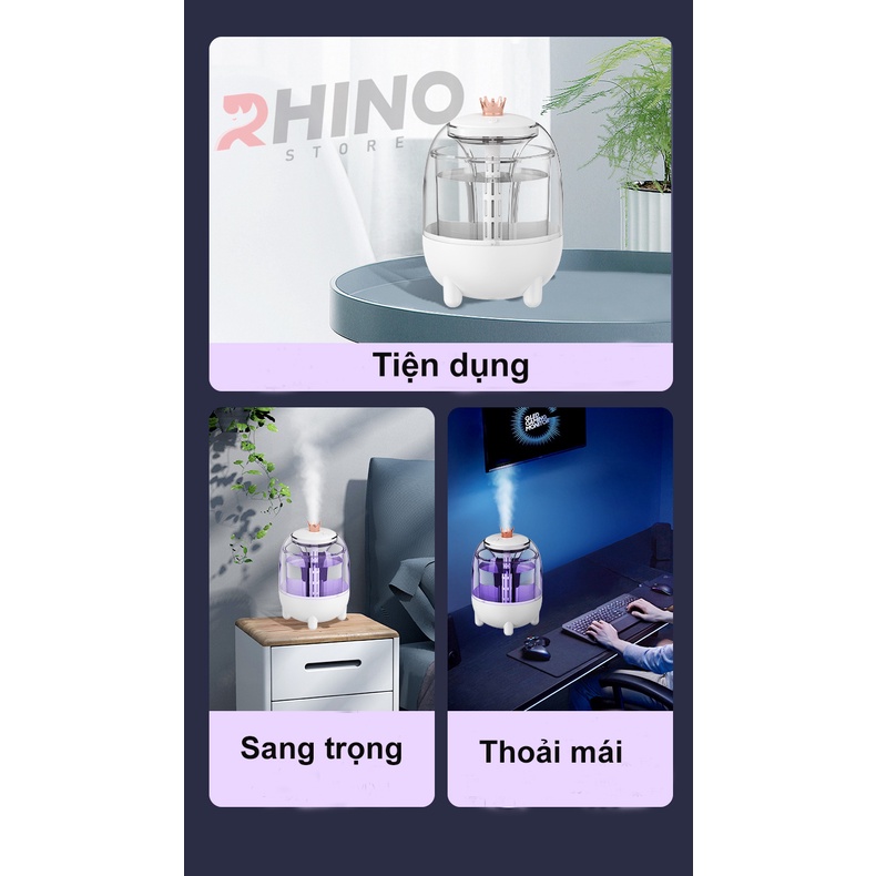 Máy phun sương xông tinh dầu tạo ẩm Rhino H105 dung tích 1000ml, không gây tiếng ồn, tích hợp đèn ngủ RGB nhiều màu