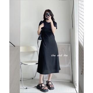 Váy thun gân cổ tròn dáng dài xoè basic - Váy thun gân basic PeaStore (Ảnh thật)
