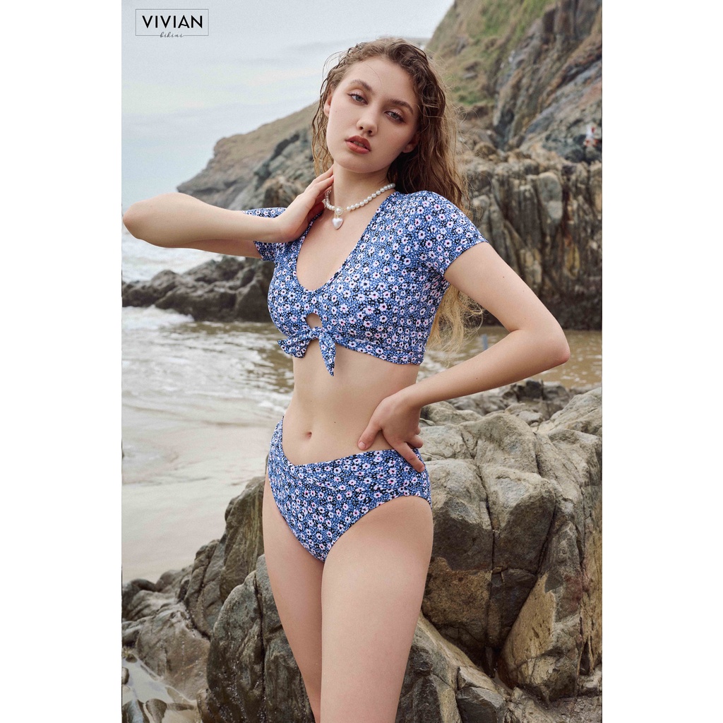 Đồ bơi nữ cao cấp 𝐕𝐈𝐕𝐈𝐀𝐍 dạng hai mảnh áo tay ngắn, cổ V cách điệu - màu Flora - VS172_FLO