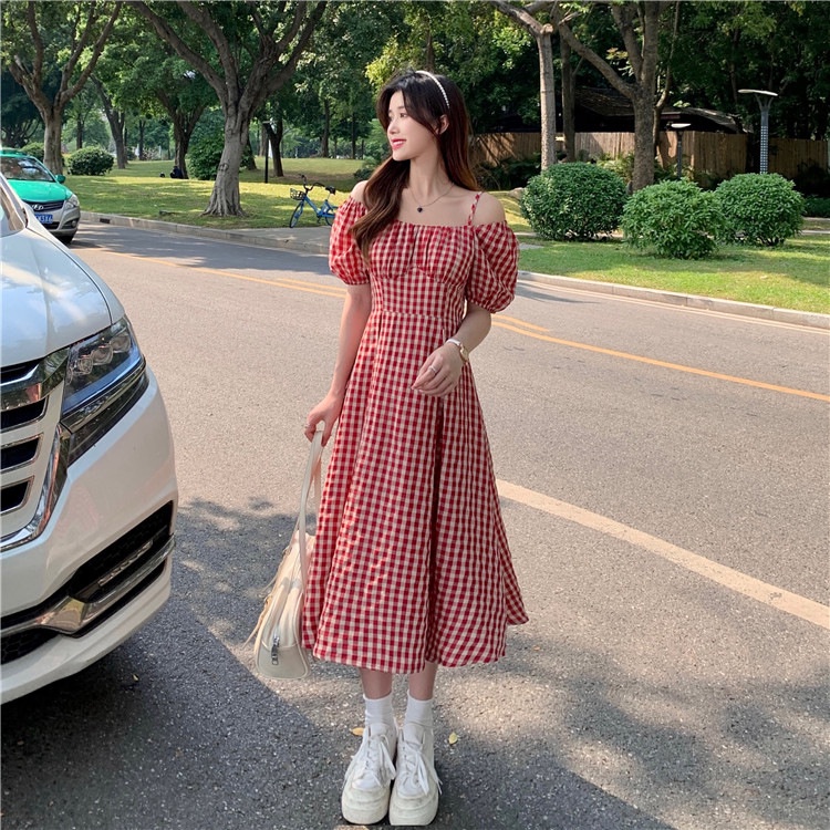 IELGY  Đầm Hai Dây Ôm Dáng Họa Tiết Kẻ Sọc Màu Đỏ Phong Cách hong kong Cổ Điển Thời Trang Cho Nữ