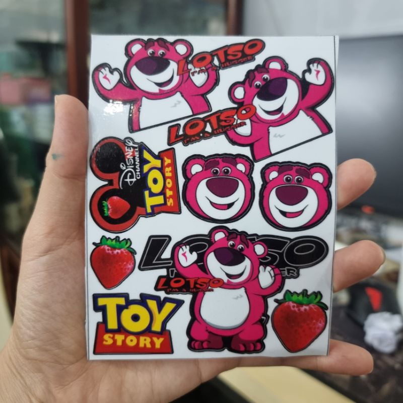 Tem logo sticker gấu dâu hồng mini dễ thương trang trí xe