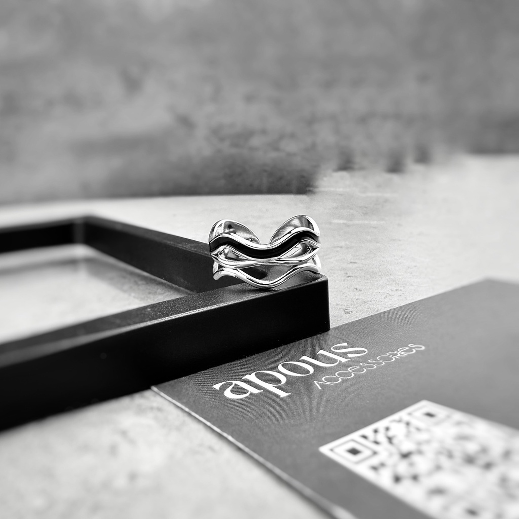 Nhẫn nam nữ Vâng Sóng đen Trái Tim Freesize N066 - Thép Titan - Phụ kiện trang sức Unisex Apous