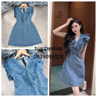 Đầm jean xòe xanh cổ bèo phối cúc DN692