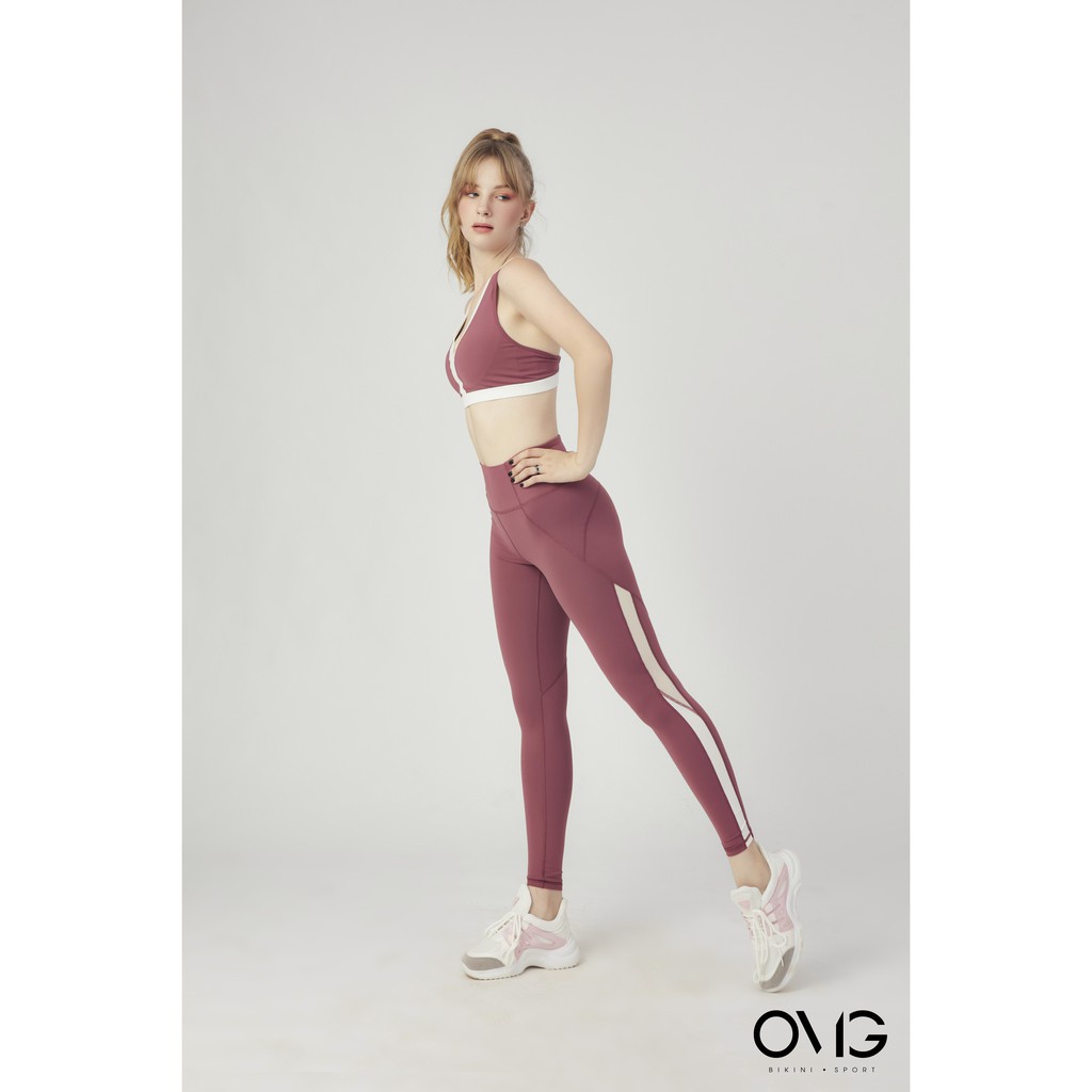 Set đồ tập Gym, Yoga OMG Sport BIKINI PASSPORT quần dài áo bra cổ V phối lưới - màu Đỏ - BG086_RD