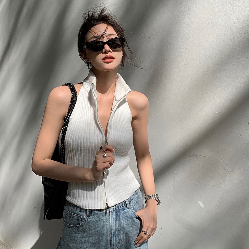 Áo Dệt Kim Không Tay Cổ Cao Ôm Dáng Có Khóa Kéo Và Gối Hàng Mới Dành Cho Bạn Nữ