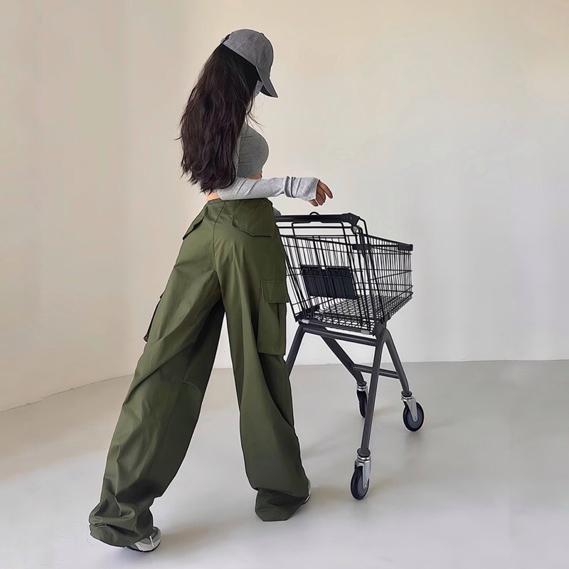 Quần Cargo Pants túi hộp ống rộng phối dây rút eo vải Kaki mềm phong cách thời trang Uniex Streetwear