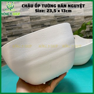 Size 23.5x13cm Chậu ốp tường bán nguyệt thông minh dày, đẹp, chậu trắng