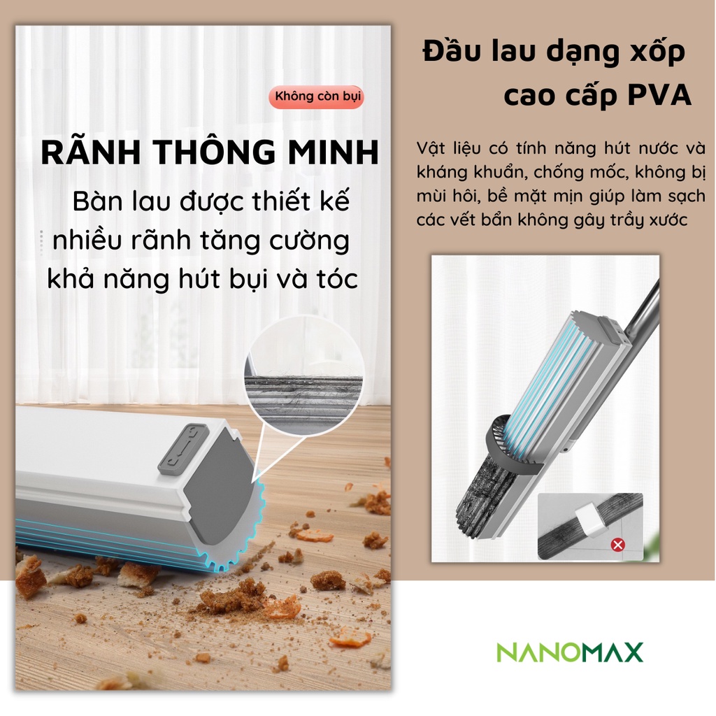 Cây Lau Nhà Thông Minh Tự Vắt 360 Độ NANOMAX Đầu Lau Bằng Xốp Cao Cấp PVA Siêu Thấm Hút Gọn Nhẹ Sạch Mọi Ngóc Ngách