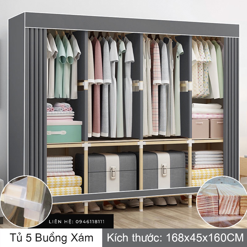 Tủ Vải Khung Gỗ Vuông 4 Buồng Màu Xám 148x45x160CM - Treo Được Đồ Dài - HOÀN TIỀN 100% NÊU KHÔNG HÀI LÒNG