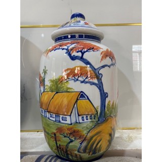 Hũ gạo phong thuỷ Thùng đựng gạo gốm sứ Bát Tràng vẽ đồng quê chứa 10 kg gạo