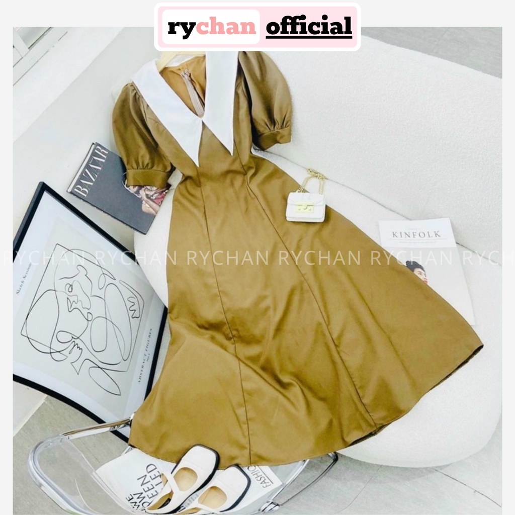 [ẢNH THẬT CUỐI] Đầm Váy Nữ Tay Ngắn Cổ Lá Phối Trắng Thanh Lịch, Đầm Nữ Dạo Phố Form Dài Basic Xòe Màu Kem - DX360