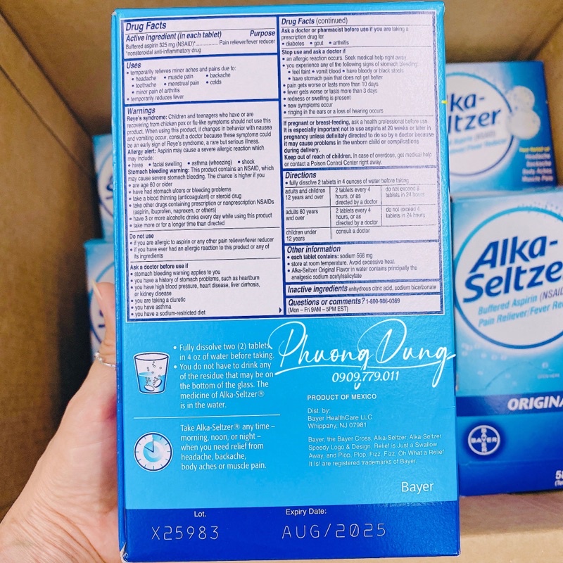 10 viên sủi Alka seltzer Original Flavor giảm đau hạ sốt nhanh chuẩn Mỹ