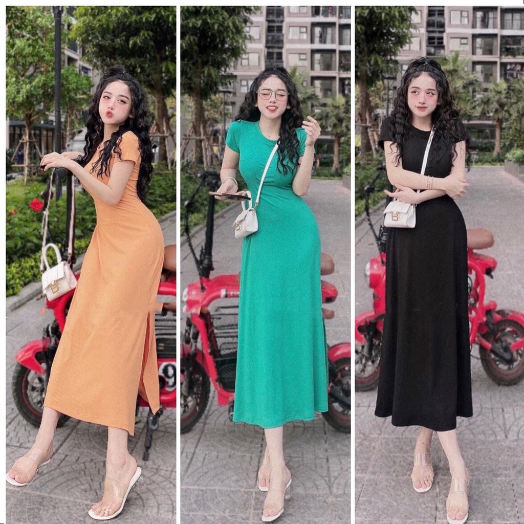 Đầm thun ôm body trơn đơn giản cổ tròn tay ngắn xẻ tà (freesize dưới 55kg)