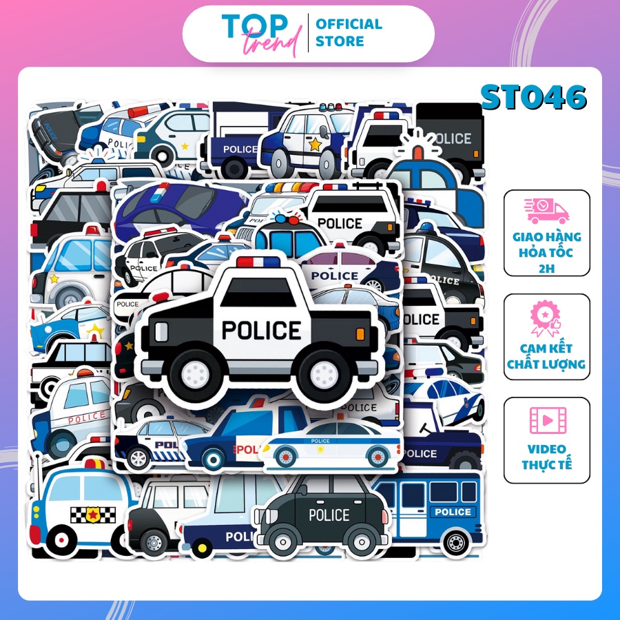 Sticker cute SET 50 TẤM xe cảnh sát, hình dán mũ bảo hiểm, trang trí sổ, dán xe, laptop, chống thấm nước - TOP TREND