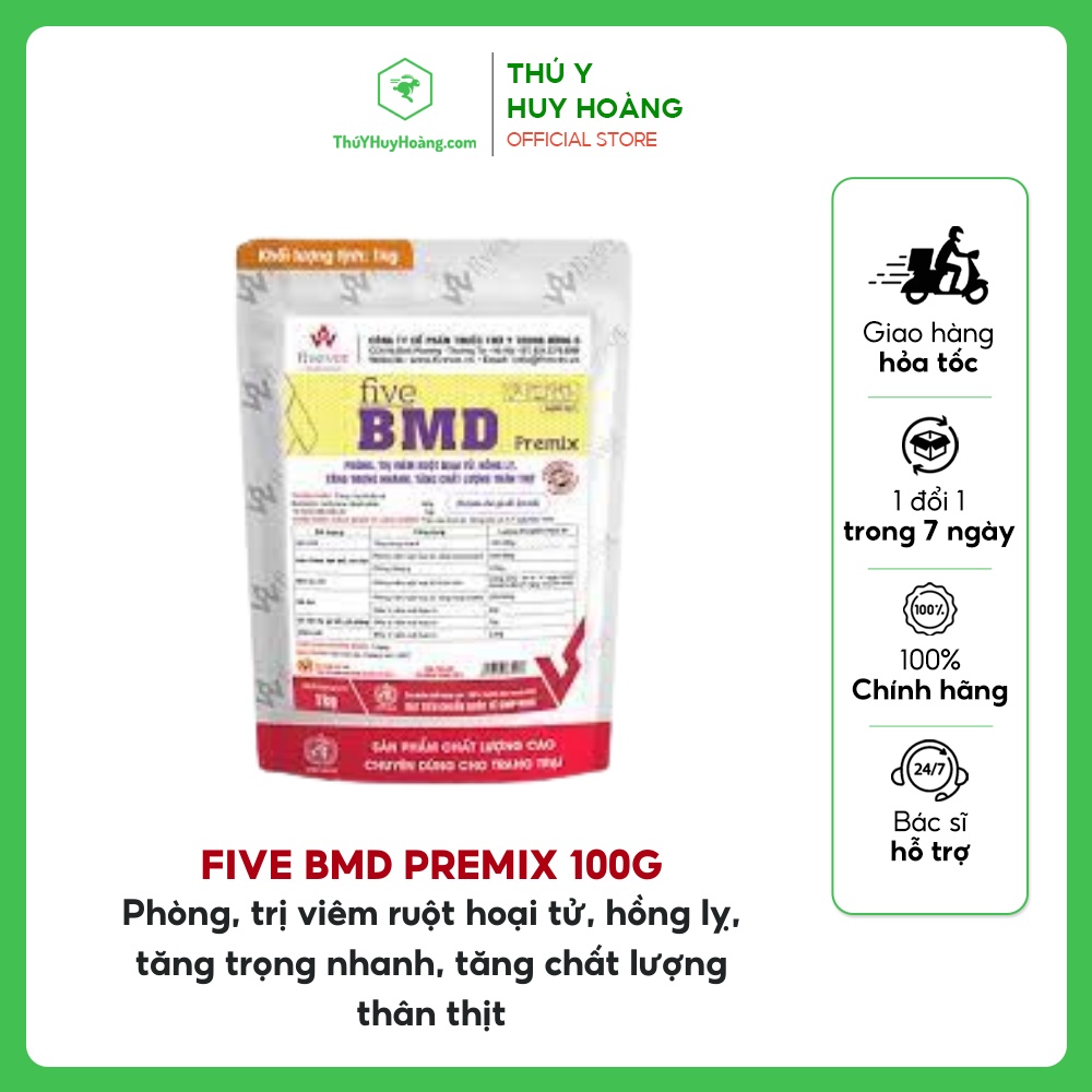 Five BMD Premix 100G viêm ruột hoại tử, hồng lỵ, tăng trọng nhanh trên gia súc, gia cầm - Thú y Huy Hoàng
