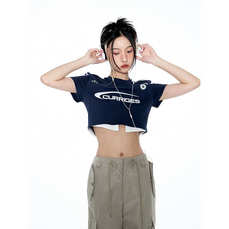 Áo Thun Giả Hai Mảnh Dáng Ngắn In Chữ Phong Cách Retro Mỹ Thời Trang Mới 2022 Dành Cho Bạn Nữ