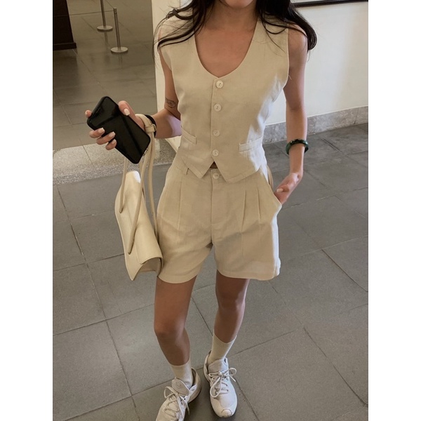 Set áo gile và quần suông/short linen PAAES [ảnh thật]