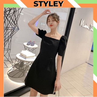 Đầm nữ cổ vuông ôm body dáng xòe đẹp phong cách hàn quốc, Váy nữ tay ngắn vai phông cute và dễ thương STYLEY V002
