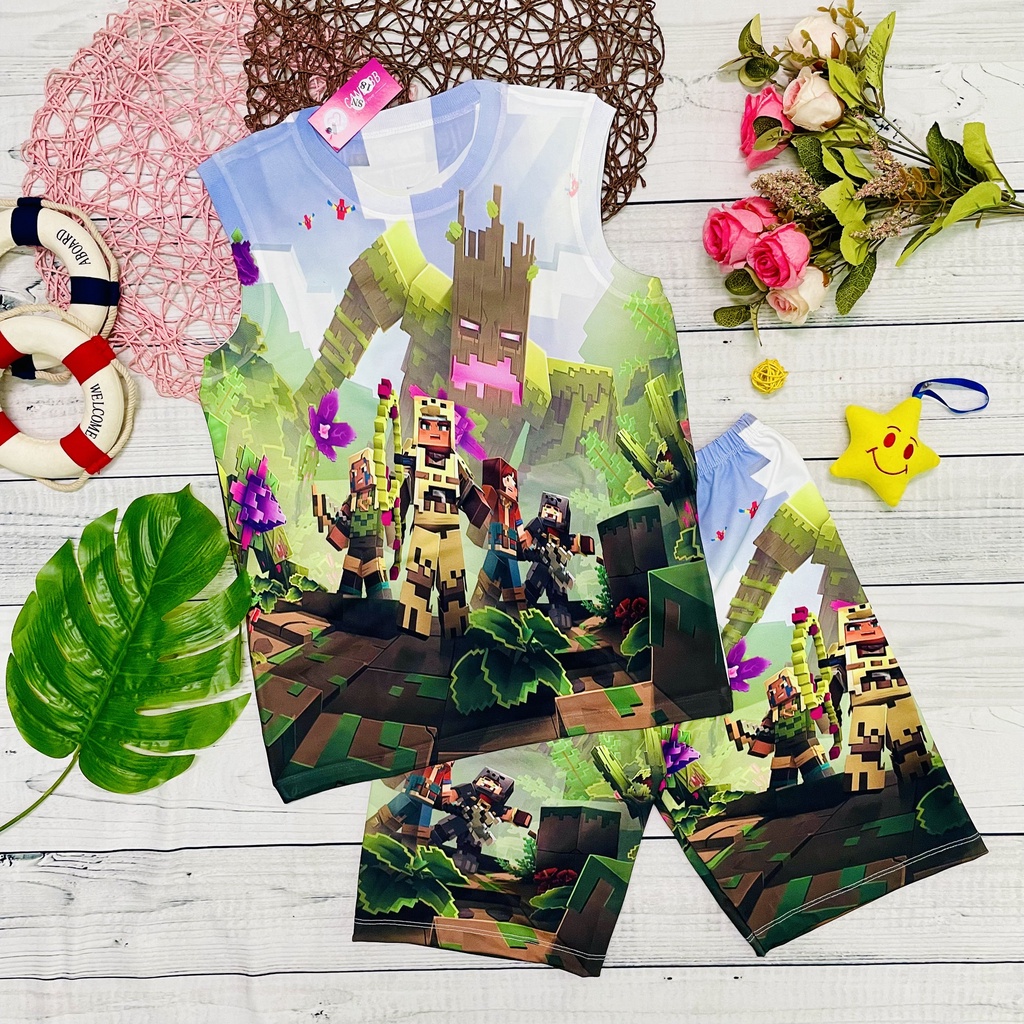Đồ Bộ ba lỗ bé trai, bộ sát nách thun lạnh in hình Minecraft nhiều màu size từ 10kg - 60kg chất đẹp co giãn 4 chiều