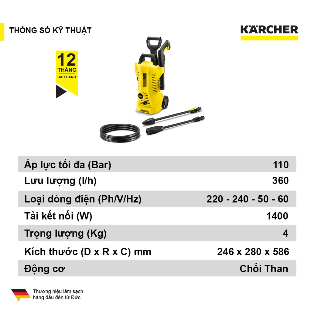 (Sản xuất Đức) Máy phun rửa áp lực cao Karcher K2 Power control áp lực tùy chỉnh 20-110 bar, công suất 1400w