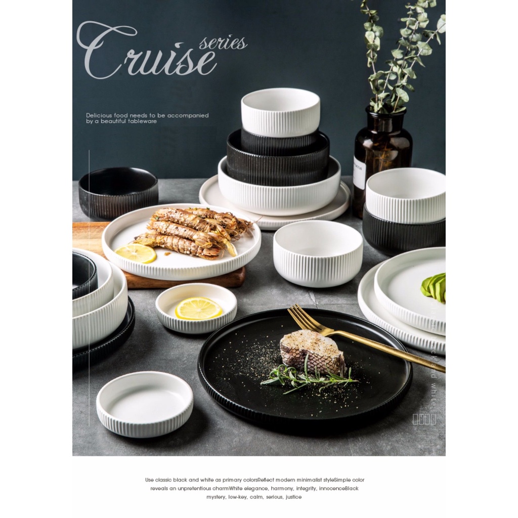 Bát đĩa sứ vân sọc trắng/ đen Cruise, dùng máy rửa bát - Sứ cao cấp phong cách Bắc Âu