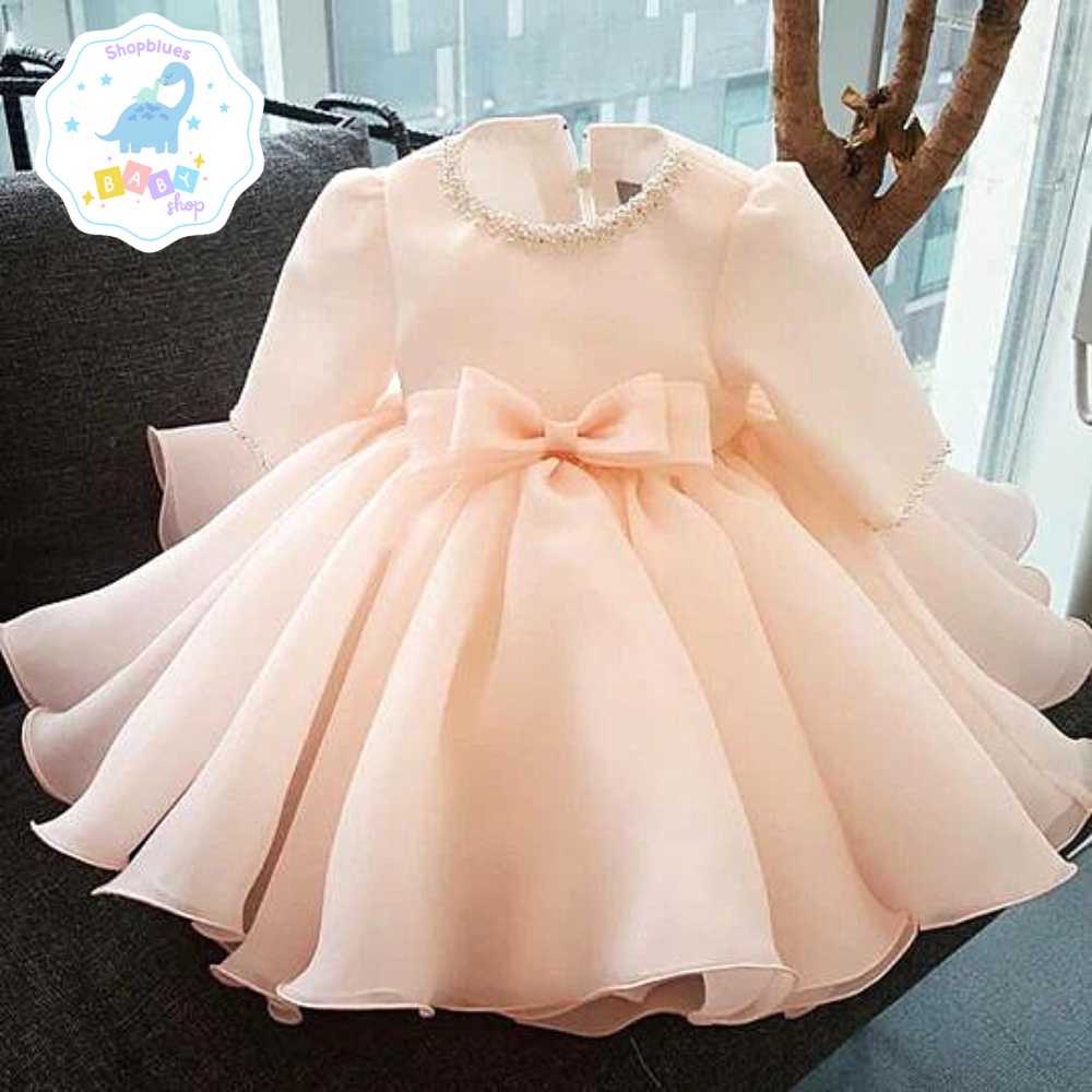 Váy công chúa bé gái SHOPBLUES tay dài màu trắng và hồng viền hạt cao cấp cho bé từ 0-12 tuổi