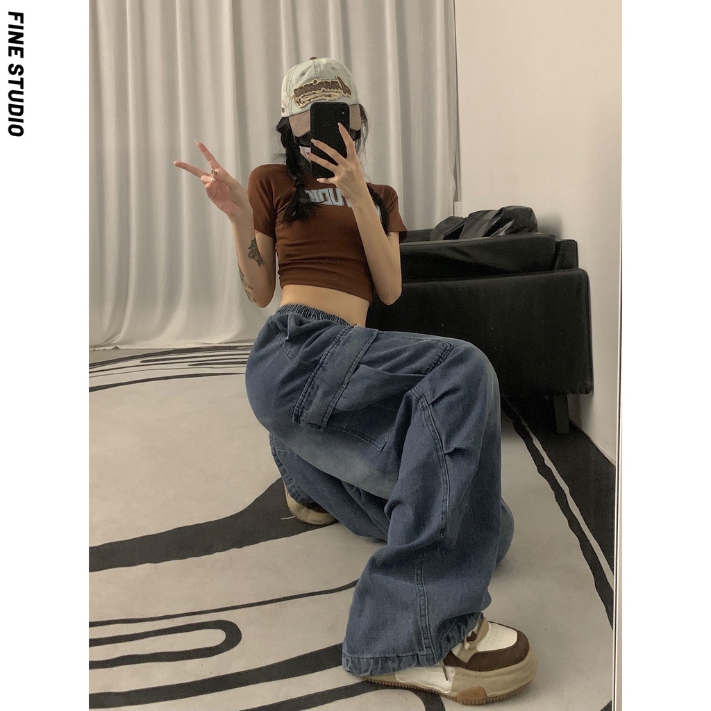 Fine Studio Quần Yếm Jean Dáng Rộng Có Túi Phong Cách Retro Đường Phố Mỹ Cho Nam Nữ