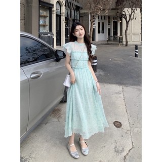 Váy maxi cổ trụ phối bèo nhúm ngực, tay cánh tiên phía sau thắt nơ (có ảnh thật)