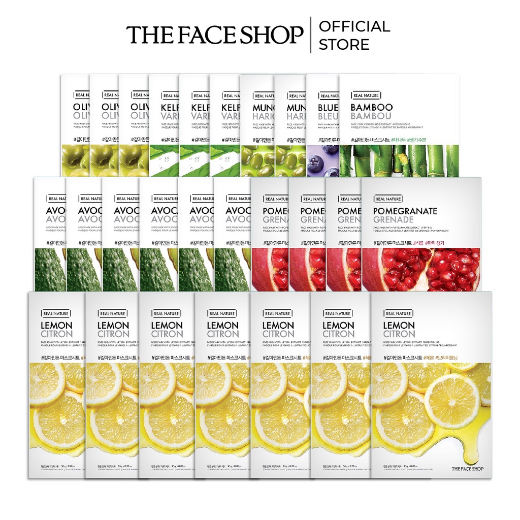 Combo 27 Mặt Nạ Real Nature Dưỡng Da THE FACE SHOP (oliu,rong biển,đậu,việt quất,tre) 20g