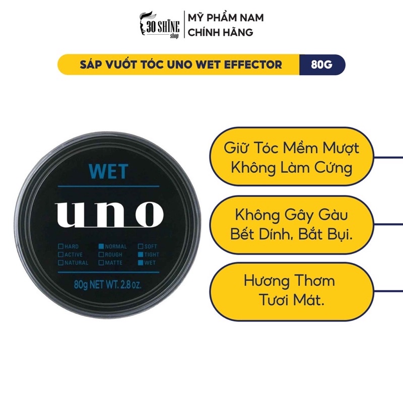 Sáp vuốt tóc Tạo kiểu Bóng mượt lịch lãm 30Shine phân phối chính hãng UNO Wet Effector 80g