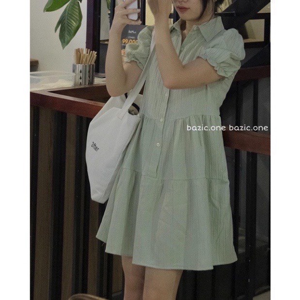 Váy Babydoll 2 Tầng Cổ Sơ Mi Chất Liệu Vải Lụa Gân Dọc Dày Dặn Tay Bồng Đầm Xòe Công Chúa Ulzzang Phong Cách Hàn Quốc | BigBuy360 - bigbuy360.vn