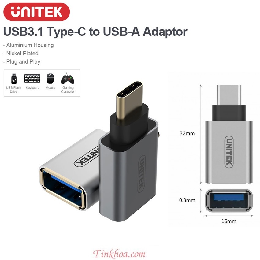 (Hỏa Tốc HCM)- Đầu chuyển type C sang USB 3.1 Unitek Y-A025CGY (YA025CGY).Đầu chuyển type C sang USB Tecnix ADT-108