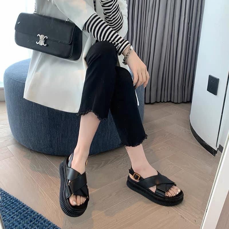 Sandal xuồng 2 quai chéo da mềm cao cấp Hemin Shoes