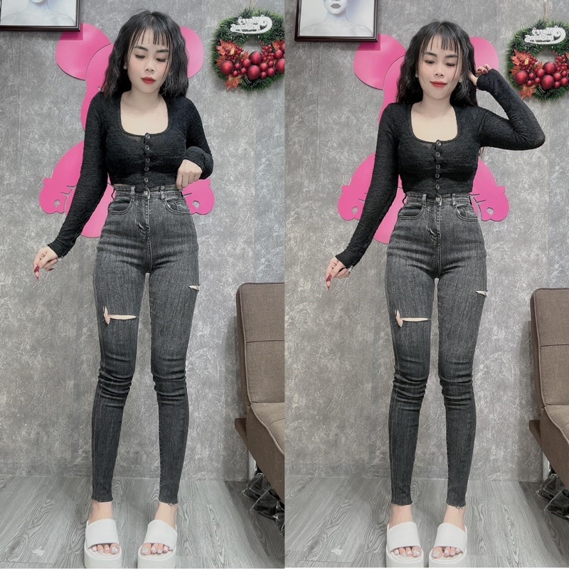 Set jeans dài co giãn xám rách PT + Croptop gân tay dài