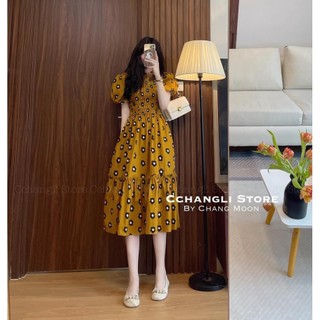 Váy thô hoa chạy chun thân trước tay bồng 2 lớp xòe
