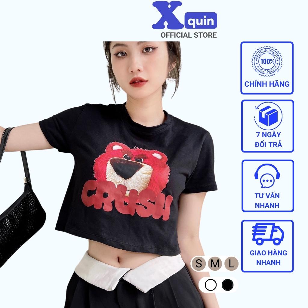 Áo croptop nữ ngắn tay in hoạ tiết Gấu dâu Xquin, Áo kiểu nữ ngắn tay cổ tròn phong cách Hàn Quốc